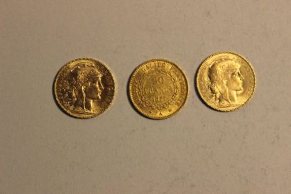 null Réunion de trois pièces de 20 francs or 1877, 1907 et 1911. Poids total: 19,37...