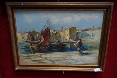 null Modern school, the fisherman, oil on canvas. We join sailboats in the harbour,...