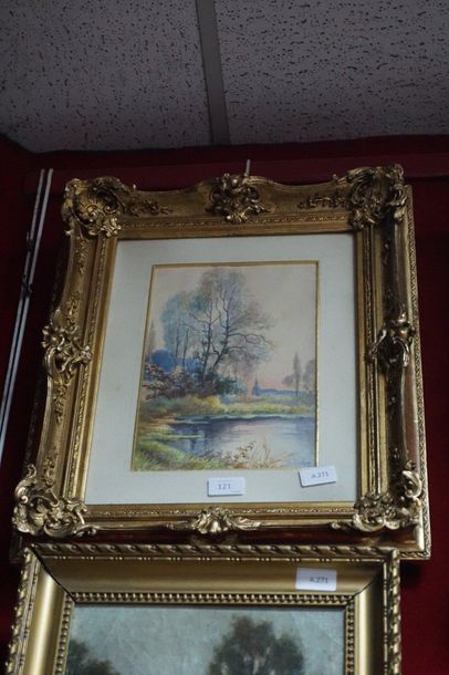 null ROBILLARD, Church by the pond, watercolour signed and dated 1910 on the lower...