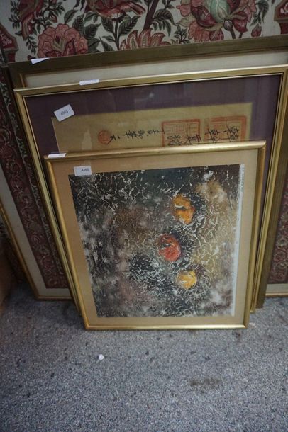 null Five framed pieces: painting on fabric, lithograph signed GARDON, Chinese horseman,...