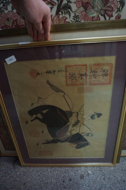 null Five framed pieces: painting on fabric, lithograph signed GARDON, Chinese horseman,...