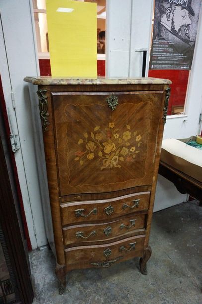null Small secretary in veneered wood with flower decoration, opening with a flap...