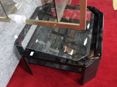null Set comprising: small brass coffee table with two eglomised glass tops resting...