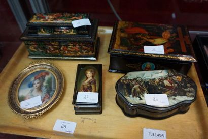 null *Russian lacquer boxes with religious icon decoration, deer hunting, elegant...