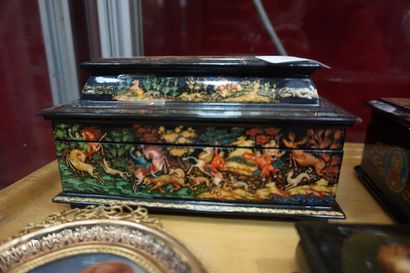 null *Russian lacquer boxes with religious icon decoration, deer hunting, elegant...