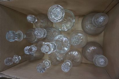 null Meeting of cut and engraved crystal decanters, including Moser, Baccarat (after)....