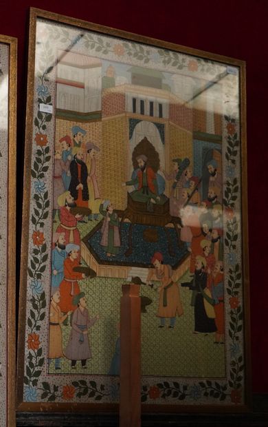 null Ecole Persane, Sultan dans son palais, gouache sur soie. 100 x 70 cm.
