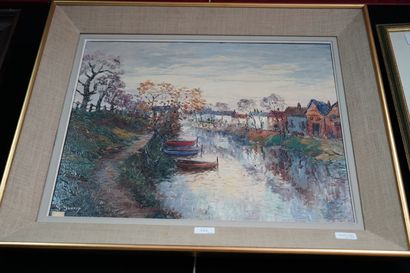 null G.GUERIN, Le Canal, huile sur toile signée en bas à gauche