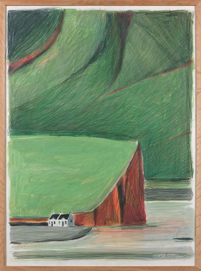 DOMINIQUE CORBASSON (1958-2018) 悬崖脚下的两座房子
纸上混合媒体，右下角签名。
75.5 x 66 cm。
保存。
.巴黎Huberty...