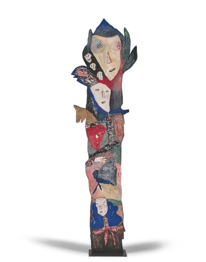Eliane LARUS (née en 1944) 图腾与人物
双面涂漆的木质雕塑，已签名。
高度：186.5厘米。
证据。
.Artes - 法国，巴黎，1993年10月获得。
...