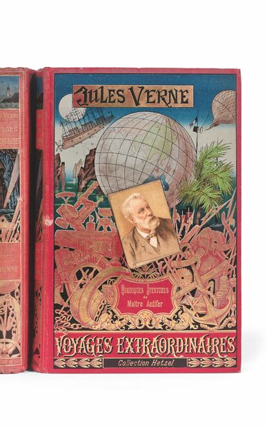 Jules VERNE 安提弗大师的神奇冒险》。Paris, J. Hetzel et Cie, s. d. 。[1894].
第一版大八开；第一块板子。
ROUX的插图，包括12张图和两张彩色文本外的地图。
1894-1895年的高频目录。
书脊略有褪色；有些胶纸的痕迹。(Jauzac,...