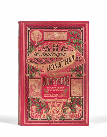 Jules VERNE 
Les Naufragés du Jonathan.巴黎，Hetzel收藏馆，s. d.[1909].多色板，鎏金边缘。

第一版大八开；第一板。ROUX的插图，包括9张彩图。

一个良好的副本。(Jauzac,...