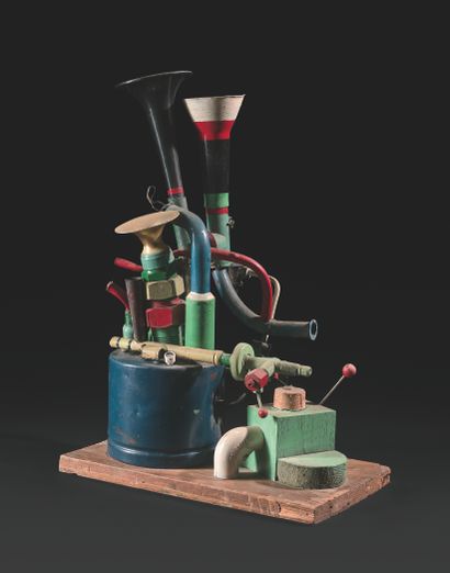 GÉRARD CYNE (1923-2006) Machine
Métal et bois peint, liège, sur planche de bois.
36...