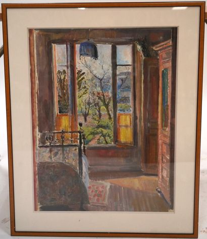 Frédéric LUCE (1896-1974) 室内场景，一扇窗户开在花园里
混合媒体，右下角签名。
59.5 x 46 cm。