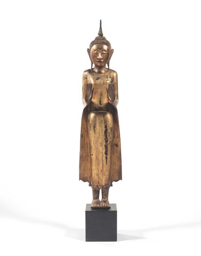 null STANDING BUDDHA IN POSITION OF HAPPINESS AND ABSENCE OF FEAR Carved and gilded...