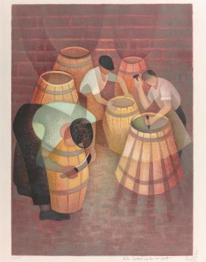 Louis TOFFOLI (1907-1999) Les tonneliers
彩色石版画，左下角有签名、专用和编号22/150。
主题：66,5 x 48 ...
