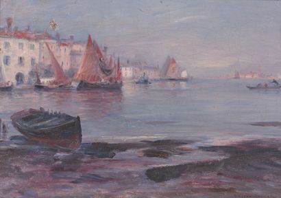 Gaston ROULLET (1847-1925) 威尼斯泻湖中的帆船
布面油画，右下角签名。
32.5 cm x 46 cm。
孔洞、修复和裂缝。
出处。
.Jean-Pierre...