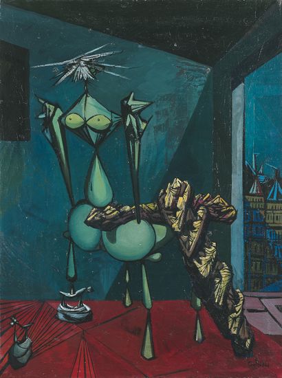Lucien COUTAUD (1904-1977) 变成椅子的面包车，1946年
布面油画，右下角有签名和日期46，背面有标题和重写日期4-46。
60 x 46...