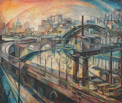 Dorine VAN OYEN (1887- ?) 
巴黎，le pont de grenelle，1926年
布面油画，背面的标签上有签名，右下角有日期和标题。
背面的标签上有墨水题词...