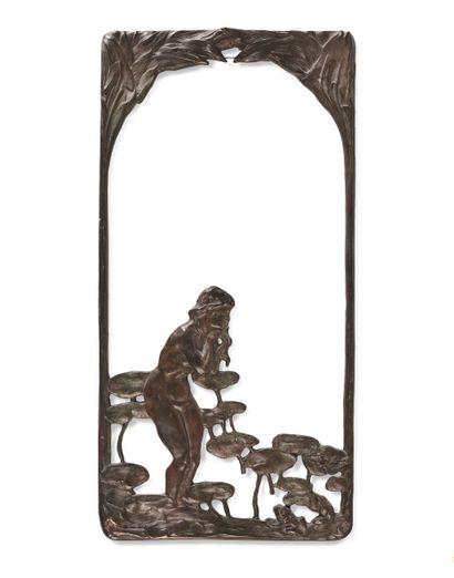 null MIRROR FRAME Brown patina bronze, with openwork decoration of a woman bathing...