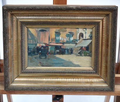 École du XXe siècle 市场场景
板面油画。
15,5 x 24 cm。
出处。
.Jean-Pierre LICHTENBERG收藏，巴黎。