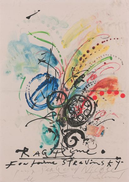 Jean TINGUELY (1925-1991) Ragtime, Stravinsky Fountain
纸上混合媒体和拼贴画，底部有签名和献词。
29.5...