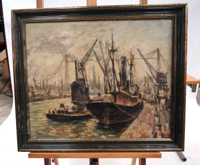 Fernand LAVAL (1886/95-1966) Déchargement dans un port de Normandie
Huile sur toile.
54...