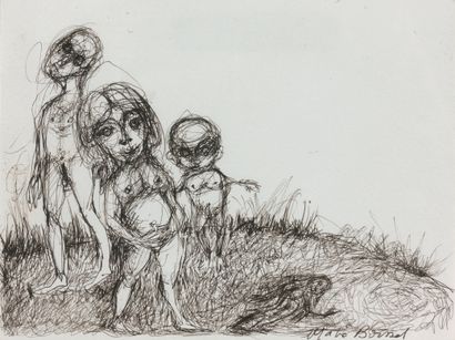 Mahé BOISSEL (née en 1952) 三个裸体的孩子
水墨画，右下角有签名。
18 x 24 cm。
来源。
.Arlette MOCH-DAV...