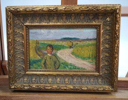 Paul-Emile COLIN (1867-1949) 收获中的小男孩
布面油画，装在面板上，右下角有签名。
13.5 x 20.5 cm。
来源。
 。Jean-Pierre...
