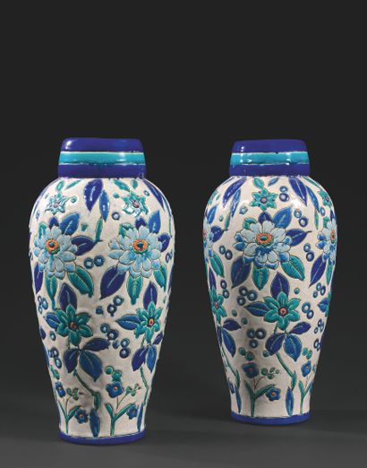 Charles CATTEAU (1880-1966) PAIR OF LARGE BALUSTRATED VESSELS MODEL D 2139
White...