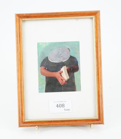 GÉRARD CYNE (1923-2006) Le pain quotidien (homme et livre)
Collage et huile sur papier.
9...