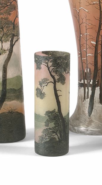 LEGRAS 
TUBULAR VASE White glass, decorated with a forest landscape and sailboats...