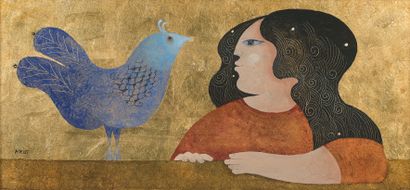 Samy BRISS (né en 1930) Dialogue avec l'oiseau
Peinture sur fond or sur carton, signée...