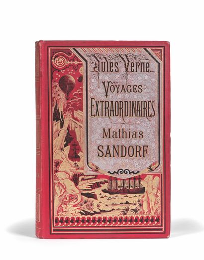 Jules VERNE Mathias Sandorf. Paris, J. Hetzel et Cie, 1885. Red "silver parchment"...