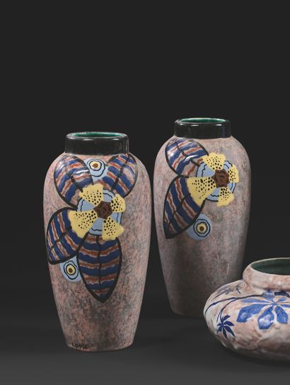 Louis-Auguste DAGE (1885-1963) PAIR OF OVOID VESSELS Enamelled ceramic, with polychrome...