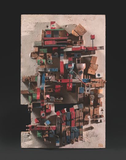 GÉRARD CYNE (1923-2006) 抽象构图
组装好的彩绘木质元素，粘在木板上。
35 x 22 cm。