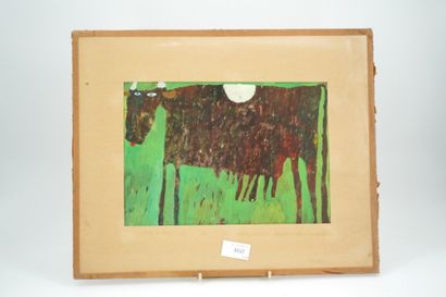 GÉRARD CYNE (1923-2006) 牛
纸上水粉和油彩，右下方有签名。
20 x 28 cm。