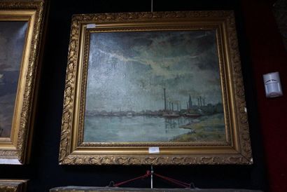 null Ecole française du début du Xxe siècle, bord de Seine, huile sur toile, dans...