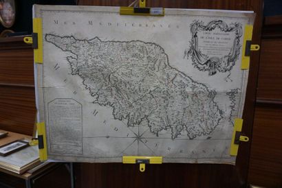 null PRUVOST, carte particulière de l'île de Corse, gravure avec réhauts d'aquarelle,...