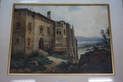 null Ecole fin XIXème siècle, paysage au château, aquarelle.