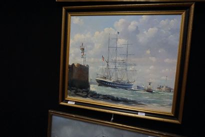 null Guy PERON (1931), voilier au départ du port, huile sur toile signée en bas à...