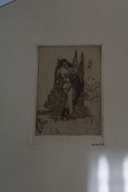 null 3 gravures anciennes : portrait d'homme de profil, 2 sapins, couple enlacé....