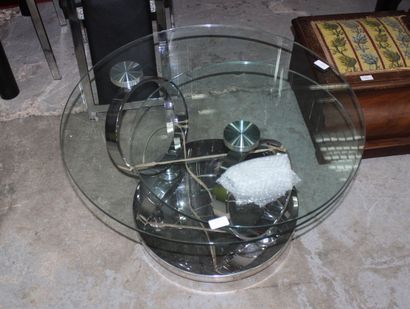 null Table basse design à deux plateaux circulaires en verre, le piètement en métal...