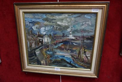 null Pierre CHALOU (1942.2003), paysage au port, huile sur toile signée en bas à...