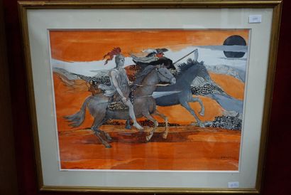 null Georges AKOPIAN (1912-1971), les cavaliers, techniques mixtes sur papier, dessin...