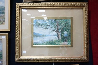 null Laure BROUARDEL (act. 1890-1919), paysage de bord de lac, aquarelle signée et...