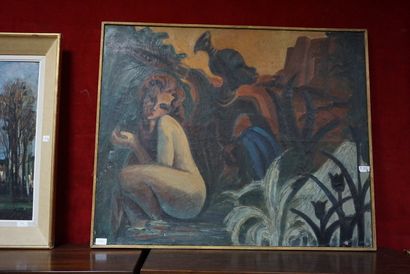 null Ecole moderne, vers 1930, Nu féminin dans un paysage, huile sur toile. Environ...