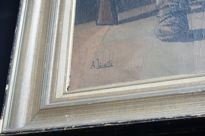 null André LEVEILLE (1880-1963), Le repas paysan, huile sur toile, signée en bas...