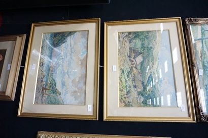 null THORNLEY, Chaumières dans la montagne et lac de montagne, deux aquarelles signées...