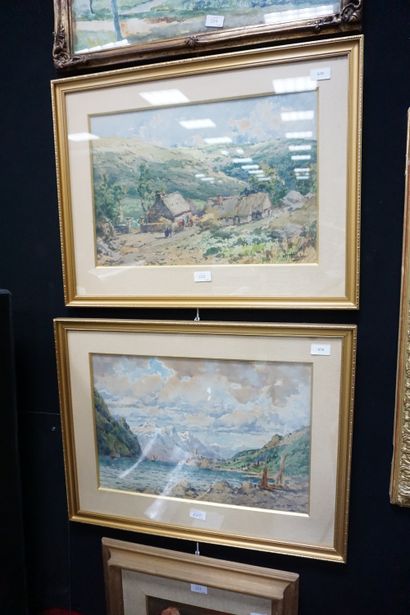 null THORNLEY, Chaumières dans la montagne et lac de montagne, deux aquarelles signées...